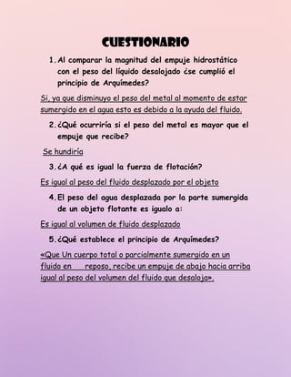 CUESTIONARIO
1.Al comparar la magnitud del empuje hidrostático
con el peso del líquido desalojado ¿se cumplió el
principio de Arquímedes?
Si, ya que disminuyo el peso del metal al momento de estar
sumergido en el agua esto es debido a la ayuda del fluido.
2.¿Qué ocurriría si el peso del metal es mayor que el
empuje que recibe?
Se hundiría
3.¿A qué es igual la fuerza de flotación?
Es igual al peso del fluido desplazado por el objeto
4.El peso del agua desplazada por la parte sumergida
de un objeto flotante es igualo a:
Es igual al volumen de fluido desplazado
5.¿Qué establece el principio de Arquímedes?
«Que Un cuerpo total o parcialmente sumergido en un
fluido en reposo, recibe un empuje de abajo hacia arriba
igual al peso del volumen del fluido que desaloja».
 