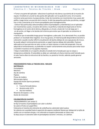 LABORATORIO DE MICROBIOLOGIA FCM - UCE
Práctica 3 – Técnica de Tinción – Gram                                            P á g i n a | 14

• Tomar una parte del aplicador seleccionar la partícula más densa o purulenta de la muestra de
esputo. Enrollarla en una de los dos partes del aplicador con la ayuda de la otra. Si la muestra
contiene varias porciones mucopurulentas, tratar de mezclarlas con movimientos muy suaves del
palillo y luego tomar una porción de la mezcla. Si sólo hay pequeñas partículas purulentas, escoger
tres o más y mezclarlas en el mismo portaobjetos para homogeneizarlas
. Colocar la(s) partícula(s) seleccionada(s) sobre el portaobjetos y extenderla(s) con el aplicador
con movimientos suaves, circulares del centro a la periferia, tratando de dispersarla en forma
homogénea en el centro de la lámina, dibujando un círculo u óvalo de 2 cm de largo por 1
 cm de ancho, sin llegar a los bordes de la lámina para evitar que el operador se contamine al
manipularla.
• Verificar que el extendido tenga grosor homogéneo y adecuado. Si es demasiado fino, es posible
producir un resultado falso negativo. Si es muy grueso, el material puede desprenderse durante la
coloración o puede resultar difícil la visualización de bacilos debajo de una capa gruesa de mucus.
Se puede adquirir entrenamiento poniendo un papel impreso debajo del extendido. El grosor
adecuado es el que permite ver pero no leer un texto impreso a través del preparado. Una vez
adquirido el entrenamiento, es preferible no repetir rutinariamente este proceso para evitar tocar
y transferir muestras con los papeles impresos.
• Dejar el extendido en un soporte ubicado al costado de la mesada para que se seque a
temperatura ambiente. El extendido no debe ser calentado a la llama mientras esté húmedo pues
el calor fuerte altera la estructura de los bacilos y su posterior tinción; además puede generar
aerosoles.


PROCEDIMIENTO PARA LA TINCION ZIEHL- NEELSEN
MATERIALES:
Portaobjetos
Mechero
Asa de siembra
Pipetas
Pinzas de madera
Microscopio óptico
Equipo de tinción (barras paralelas)
REACTIVOS:
     Fucsina fenicada básica
     Alcohol acido 3,0 %
     Azul de metileno
Muestras de esputo o orina
Aceite de inmersión

COLORACIÓN EN CALIENTE
 PROCEDIMIENTO: (ver anexo 1)
Se fija la muestra al portaobjetos con calor o alcohol.
Se cubre el frotis con papel filtro
Colocamos el reactivo de colorante de carbolfuscina cubriendo todo la placa
Se calienta con suavidad hasta la aparición de vapores mediante flameo por debajo de la rejilla de
sostén con un mechero de gas, si el colorante se evapora demasiado se coloca mas
Se deja actuar el colorante sobre el portaobjetos durante 5 minutos, sin calentar.

                                                                                  Página 14
 