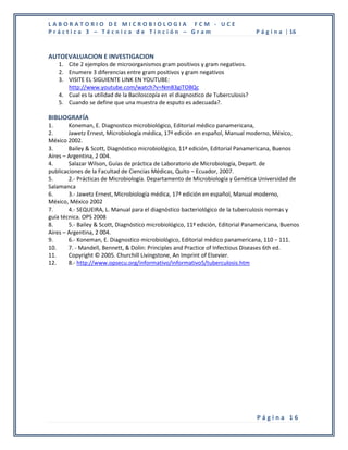 LABORATORIO DE MICROBIOLOGIA FCM - UCE
Práctica 3 – Técnica de Tinción – Gram                                             P á g i n a | 16


AUTOEVALUACION E INVESTIGACION
    1. Cite 2 ejemplos de microorganismos gram positivos y gram negativos.
    2. Enumere 3 diferencias entre gram positivos y gram negativos
    3. VISITE EL SIGUIENTE LINK EN YOUTUBE:
       http://www.youtube.com/watch?v=NmB3giTOBQc
    4. Cual es la utilidad de la Baciloscopía en el diagnostico de Tuberculosis?
    5. Cuando se define que una muestra de esputo es adecuada?.

BIBLIOGRAFÍA
1.      Koneman, E. Diagnostico microbiológico, Editorial médico panamericana,
2.      Jawetz Ernest, Microbiología médica, 17ª edición en español, Manual moderno, México,
México 2002.
3.      Bailey & Scott, Diagnóstico microbiológico, 11ª edición, Editorial Panamericana, Buenos
Aires – Argentina, 2 004.
4.      Salazar Wilson, Guías de práctica de Laboratorio de Microbiología, Depart. de
publicaciones de la Facultad de Ciencias Médicas, Quito – Ecuador, 2007.
5.      2.- Prácticas de Microbiología. Departamento de Microbiología y Genética Universidad de
Salamanca
6.      3.- Jawetz Ernest, Microbiología médica, 17ª edición en español, Manual moderno,
México, México 2002
7.      4.- SEQUEIRA, L. Manual para el diagnóstico bacteriológico de la tuberculosis normas y
guía técnica. OPS 2008
8.      5.- Bailey & Scott, Diagnóstico microbiológico, 11ª edición, Editorial Panamericana, Buenos
Aires – Argentina, 2 004.
9.      6.- Koneman, E. Diagnostico microbiológico, Editorial médico panamericana, 110 − 111.
10.     7. - Mandell, Bennett, & Dolin: Principles and Practice of Infectious Diseases 6th ed.
11.     Copyright © 2005. Churchill Livingstone, An Imprint of Elsevier.
12.     8.- http://www.opsecu.org/informativo/informativo5/tuberculosis.htm




                                                                                   Página 16
 