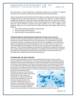 LABORATORIO DE MICROBIOLOGIA FCM - UCE
Práctica 3 – Técnica de Tinción – Gram                                             Página |8


Esta información a menudo proporciona un diagnostico preliminar con respecto a los agentes
infecciosos y con frecuencia se utiliza para el tratamiento directo inicial del paciente.

Si bien la evaluación de la tinción de Gram del frotis directo se utiliza de rutina como una ayuda en
el diagnostico de las infecciones bacterianas, es posible que se detecten y no deben ignorarse
hallazgos inesperados pero importantes de otras etiologías infecciosas. Por ejemplo, las células y
los elementos micóticos por lo general se tiñen como grampositivos pero pueden captar el cristal
violeta de manera deficiente y aparecer como gram variables (p. ej., rosa y violeta) o gram
negativos. Dado que con la tinción de Gram pueden detectarse otros agentes además de las
bacterias:
      Como células inflamatorias (PMN o mononucleares)
      Elementos sanguíneos (eritrocitos)
      Restos celulares o mucosos (detritus celulares)


TINCIÓN DE GRAM DE LAS BACTERIAS QUE CRECEN EN CULTIVOS. (Frotis indirectos).
La tinción de Gram también desempeña un papel clave en la identificación de las bacterias en
crecimiento en cultivos. De manera similar a los frotis directos, en los preparados a partir del
crecimiento bacteriano se evalúan las reacciones de Gram, las morfologías y no es valorable las
disposiciones (agrupación) de las células bacterianas. Si se va a teñir más de una muestra en el
mismo portaobjeto, puede utilizarse un lápiz de cera para crear divisiones.es útil dibujar una
especie de “mapa” de ese portaobjetos de modo que los resultados de las diferentes tinciones de
Gram puedan registrarse de manera organizada. Los resultados del examen del frotis se utilizaran
para determinar comprobaciones ulteriores para la identificación y la caracterización de los
microorganismos aislados a partir de la muestra del paciente.


COLORACION DE ZIEHL-NEELSEN
La tinción de Ziehl-Neelsen es una técnica de tinción diferencial que se basa en que las
paredes celulares de ciertas bacterias contienen ácidos grasos (ácidos micólicos) de cadena
larga (50 a 90 átomos de carbono) que les confieren la propiedad de resistir la decoloración
con alcohol-acido, después de la tinción con colorantes básicos. Las micobacterias absorben
los colorantes solo muy lentamente debido a la elevada proporción de ceras y lípidos en la
pared celular. Para acelerar la absorción del colorante fuscina y así la formación del complejo
micolatofusina en la pared celular, se calienta la solución de fuscina fenicada aplicada sobre el
preparado normalmente hasta la
formación de vapores. Una vez que las
micobacterias han absorbido el colorante,
difícilmente lo ceden a pesar del
tratamiento con solución decolorante
alcohol-ácido clorhídrico. Por esto se
denominan bacilos alcohol acido
resistente o BAAR y aparecen en el
preparado microscópico teñidas de rojo,
mientras que todos los microorganismos
no resistentes a los ácidos se tiñen de
acuerdo con la contratinción.1 Esta tinción tiene interés desde el punto de vista del

                                                                                     Página 8
 