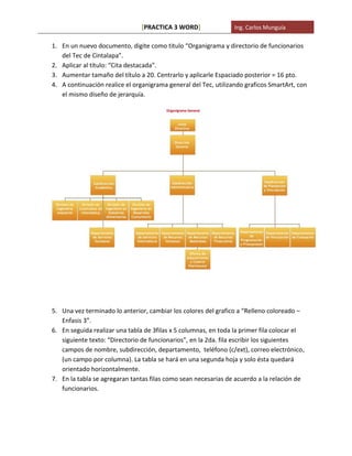 [PRACTICA 3 WORD]                Ing. Carlos Munguía

1. En un nuevo documento, digite como titulo “Organigrama y directorio de funcionarios
   del Tec de Cintalapa”.
2. Aplicar al título: “Cita destacada”.
3. Aumentar tamaño del título a 20. Centrarlo y aplicarle Espaciado posterior = 16 pto.
4. A continuación realice el organigrama general del Tec, utilizando graficos SmartArt, con
   el mismo diseño de jerarquía.




5. Una vez terminado lo anterior, cambiar los colores del grafico a “Relleno coloreado –
   Enfasis 3”.
6. En seguida realizar una tabla de 3filas x 5 columnas, en toda la primer fila colocar el
   siguiente texto: “Directorio de funcionarios”, en la 2da. fila escribir los siguientes
   campos de nombre, subdirección, departamento, teléfono (c/ext), correo electrónico,
   (un campo por columna). La tabla se hará en una segunda hoja y solo ésta quedará
   orientado horizontalmente.
7. En la tabla se agregaran tantas filas como sean necesarias de acuerdo a la relación de
   funcionarios.
 