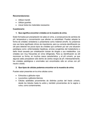 Recomendaciones:
Utilizar mandil.
Utilizar guantes.
Llevar todos los materiales necesarios
Cuestionario:
1. Que significa encontrar cristales en la muestra de orina.
Están formados por precipitación de sales en orina, a consecuencia de cambios de
pH, temperatura y concentración que afectan su solubilidad. Pueden adoptar la
forma de cristales verdaderos o presentarse como material amorfo. Su presencia
rara vez tiene significado clínico de importancia, pero su correcta identificación es
útil para detectar los pocos tipos de cristales que confieren por ser una situación
patológica como: enfermedades hepáticas, errores congénitos del metabolismo o
daño renal causado por cristalización tubular de drogas o sus metabolitos. Los
cristales son muy frecuentes en orina refrigerada. Para su identificación es útil
reconocer su forma, en muchos casos característica, y el pH urinario, ya que
algunas sales precipitaran sólo dentro de ciertos rangos de pH. Interesantemente,
los cristales patológicos o anormales son encontrados sólo en orinas con pH
neutro o ácido.
2. Que tipos de células podemos encontrar en la muestra de orina.
Pueden estar presentes en la orina células como:
Eritrocitos o glóbulos rojos
Leucocitos o glóbulos blancos
Células epiteliales provenientes de distintos puntos del tracto urinario,
desde los túbulos hasta la uretra y también provenientes de la vagina o
vulva, como contaminantes.
 