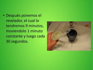 ● Después ponemos el
revelador, el cual lo
tendremos 9 minutos,
moviendolo 1 minuto
constante y luego cada
30 segundos.
 