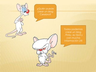 ¿Quién puede
crear un blog
Cerebro?

Todos podemos
crear un blog
, Pinky, es fácil y
con mucha
información útil

 
