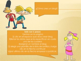 ¿Cómo creo un blog?

Solo son 6 pasos
1)entrar en la página
2) clic en el espacio que dice crear blog
3)llenar los datos que se le especifican en cada
una de los cuadros
4)asignar un nombre al blog
5) elegir una plantilla de la lista de lanillas y luego
clic en la flecha continuar
6)por ultimo clic en la flecha empezar a publicar.

 
