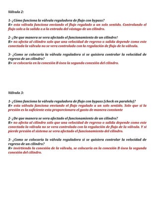 Válvula 2:
1- ¿Cómo funciona la válvula reguladora de flujo con bypass?
R= esta válvula funciona enviando el flujo regulado a un solo sentido. Controlando el
flujo solo a la salida o a la entrada del vástago de un cilindro.
2- ¿De que manera se vera afectado el funcionamiento de un cilindro?
R= no afecta al cilindro solo que una velocidad de regreso o salida depende como este
conectada la válvula no se vera controlada con la regulación de flujo de la válvula.
3- ¿Como se colocaría la válvula reguladora si se quisiera controlar la velocidad de
regreso de un cilindro?
R= se colocaría en la conexión B ósea la segunda conexión del cilindro.
Válvula 3:
1- ¿Cómo funciona la válvula reguladora de flujo con bypass (check en paralelo)?
R= esta válvula funciona enviando el flujo regulado a un solo sentido. Solo que si la
presión es la suficiente esta proporcionara el gasto de manera constante
2- ¿De que manera se vera afectado el funcionamiento de un cilindro?
R= no afecta al cilindro solo que una velocidad de regreso o salida depende como este
conectada la válvula no se vera controlada con la regulación de flujo de la válvula. Y si
pierde presión el sistema se vera afectado el funcionamiento del cilindro.
3- ¿Como se colocaría la válvula reguladora si se quisiera controlar la velocidad de
regreso de un cilindro?
R= invirtiendo la conexión de la válvula, se colocaría en la conexión B ósea la segunda
conexión del cilindro.
 
