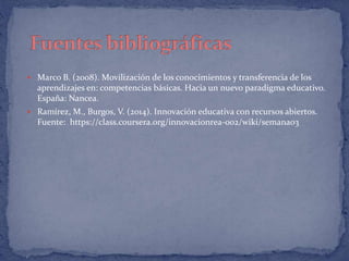  Marco B. (2008). Movilización de los conocimientos y transferencia de los 
aprendizajes en: competencias básicas. Hacia un nuevo paradigma educativo. 
España: Nancea. 
 Ramírez, M., Burgos, V. (2014). Innovación educativa con recursos abiertos. 
Fuente: https://class.coursera.org/innovacionrea-002/wiki/semana03 
