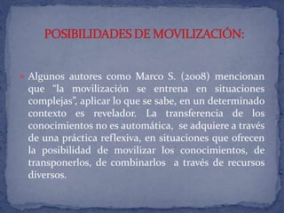  Algunos autores como Marco S. (2008) mencionan 
que “la movilización se entrena en situaciones 
complejas”, aplicar lo que se sabe, en un determinado 
contexto es revelador. La transferencia de los 
conocimientos no es automática, se adquiere a través 
de una práctica reflexiva, en situaciones que ofrecen 
la posibilidad de movilizar los conocimientos, de 
transponerlos, de combinarlos a través de recursos 
diversos. 
 