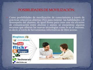  Como posibilidades de movilización de conocimiento a través de 
prácticas educativas abiertas (PEA) para mejorar las habilidades y el 
desempeño del alumno, de igual forma para crear una vía eficiente 
de comunicación entre alumno y asesor, se encuentras algunos 
recursos que ofrecen las nuevas tecnologías como lo es el internet, 
es decir, a través de herramientas informáticas de libre acceso. 
 