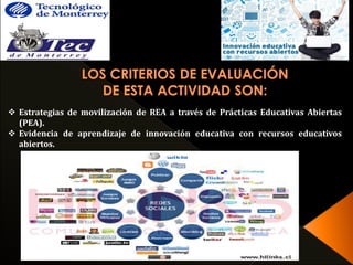  Estrategias de movilización de REA a través de Prácticas Educativas Abiertas 
(PEA). 
 Evidencia de aprendizaje de innovación educativa con recursos educativos 
abiertos. 
 