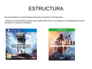 ESTRUCTURA
EA esta dividida en 4 parte:EA game, EA sports, EA maxim y EA interactive
.-EA Games: Esta división es la que mas estudios tiene (12) y se encarga en los videojuegos de acción,
aventura, rol, carreras y combates.
 