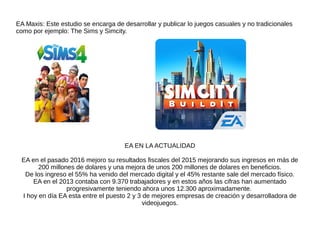 EA Maxis: Este estudio se encarga de desarrollar y publicar lo juegos casuales y no tradicionales
como por ejemplo: The Sims y Simcity.
EA EN LA ACTUALIDAD
EA en el pasado 2016 mejoro su resultados fiscales del 2015 mejorando sus ingresos en más de
200 millones de dolares y una mejora de unos 200 millones de dolares en beneficios.
De los ingreso el 55% ha venido del mercado digital y el 45% restante sale del mercado físico.
EA en el 2013 contaba con 9.370 trabajadores y en estos años las cifras han aumentado
progresivamente teniendo ahora unos 12.300 aproximadamente.
I hoy en día EA esta entre el puesto 2 y 3 de mejores empresas de creación y desarrolladora de
videojuegos.
 