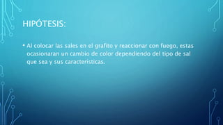 HIPÓTESIS:
• Al colocar las sales en el grafito y reaccionar con fuego, estas
ocasionaran un cambio de color dependiendo del tipo de sal
que sea y sus características.
 