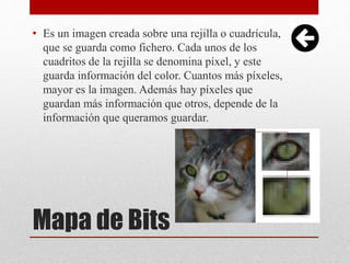 Mapa de Bits
• Es un imagen creada sobre una rejilla o cuadrícula,
que se guarda como fichero. Cada unos de los
cuadritos de la rejilla se denomina píxel, y este
guarda información del color. Cuantos más píxeles,
mayor es la imagen. Además hay píxeles que
guardan más información que otros, depende de la
información que queramos guardar.
 