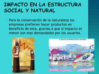 Para
     la conservación de la naturaleza las
 empresas prefieren hacer productos en
 beneficio de esta, gracias a que si impacto es
 menor son mas demandados por los usuarios.
 