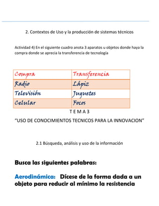 2. Contextos de Uso y la producción de sistemas técnicos
Actividad 4) En el siguiente cuadro anota 3 aparatos u objetos donde haya la
compra donde se aprecia la transferencia de tecnología
Compra Transferencia
Radio Lápiz
Televisión Juguetes
Celular Focos
T E M A 3
“USO DE CONOCIMIENTOS TECNICOS PARA LA INNOVACION”
2.1 Búsqueda, análisis y uso de la información
Busca las siguientes palabras:
Aerodinámica: Dícese de la forma dada a un
objeto para reducir al mínimo la resistencia
 