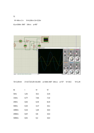 5)
Vl= 4div x 2 v Vr=6,3div x 2v=12,6v
6) =20div -360 5div-x =90
7)I=1,05mA Z=15/2/1,05=10,10 =10div-360 2div- =72 Vr=10,5 Vl=1,34
8) I Vr Vl
5khz 1,01 10,1 3,33
15khz 0,77 7,66 7,32
20khz 0,65 6,54 8,33
50khz 0,32 3,17 10,1
100khz 0,16 1,64 10,4
200khz 0,07 0,8 10,4
500khz 0,01 0,2 10,4
 