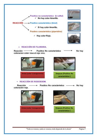 “Todo es veneno, nada es veneno, todo depende de la dosis” Página 7
Positivo no característico (b naftol)
 No hay color Amarillo.
REACCIÓN Positivo característico (timol)
 Si hay color Amarillo.
Positivo característico (piperidina)
 Hay color Rojo.
 REACCIÓN DE FUJIWARA.
Reacción Positivo No caracteristico No hay
coloracion color rosa al rojo vivo.
 REACCIÓN DE ROSEBOOM.
Reacción Positivo No caracteristico No hay
coloración roja.
Antes (color transparente) Despues (Positivo No
caracteristico )
Antes (color transparente) Despues (Positivo No
caracteristico )
 