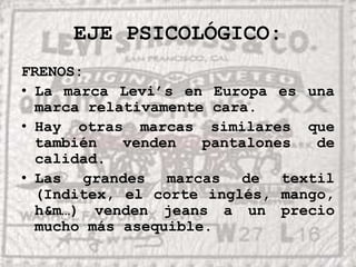 EJE PSICOLÓGICO:FRENOS:La marca Levi’s en Europa es una marca relativamente cara.Hay otras marcas similares que también venden pantalones de calidad.Las grandes marcas de textil (Inditex, el corte inglés, mango, h&m…) venden jeans a un precio mucho más asequible.