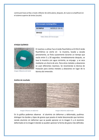 continuará hacia arriba a través reflector de vidrio plano; después, de nuevo se amplificará en
el sistema superior de lentes (ocular).
Microscopio metalográfico
OLYMPUS MODELO: GX-41
EM-012
Tabla 1Datos del microscopio
ATAQUE QUÍMICO
El reactivo a utilizar fue el ácido fluorhídrico al 0.5%.El ácido
fluorhídrico se vierte en la muestra, lavada y secada
previamente, se frota suavemente durante un tiempo que
oscila entre 5 y 20 segundos. Inmediatamente después, se
lava la muestra con agua corriente, se enjuaga y se seca
mediante un chorro de aire. Para otros metales y aleaciones
se usan diferentes reactivos. Se recomienda la técnica de
frotación para ciertos metales y aleaciones en lugar de la
técnica de inmersión.
Análisis de resultado
Imagen 5Alumio sin deformar Imagen 6Aluminio deformado
En la gráfica podemos observar el aluminio sin deformar y deformado, pudimos
distinguir los bordes y tipos de granos que poseía el metal desconocido que termino
siendo aluminio sin deformar que se puede apreciar en la imagen 5 y el aluminio
deformado en la imagen 6 donde se pueden apreciar la forma de grano más definidos
Imagen 4Muestra del metal
 