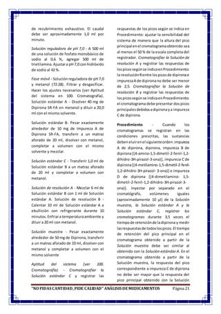 “NO PIDAS CANTIDAD, PIDE CALIDAD” ANÁLISIS DE MEDICAMENTOS Página 21
de recubrimiento exhaustivo. El caudal
debe ser aproximadamente 1,0 ml por
minuto.
Solución reguladora de pH 7,0 - A 500 ml
de una solución de fosfato monobásico de
sodio al 0,6 %, agregar 500 ml de
trietilamina.Ajustara pH 7,0 con hidróxido
de sodio al 42 %.
Fase móvil - Solución reguladora de pH 7,0
y metanol (72:28). Filtrar y desgasificar.
Hacer los ajustes necesarios (ver Aptitud
del sistema en 100. Cromatografía).
Solución estándar A - Disolver 40 mg de
Dipirona SR-FA en metanol y diluir a 20,0
ml con el mismo solvente.
Solución estándar B- Pesar exactamente
alrededor de 10 mg de Impureza A de
Dipirona SR-FA, transferir a un matraz
aforado de 20 ml, disolver con metanol,
completar a volumen con el mismo
solvente y mezclar.
Solución estándar C - Transferir 1,0 ml de
Solución estándar B a un matraz aforado
de 20 ml y completar a volumen con
metanol.
Solución de resolución A - Mezclar 6 ml de
Solución estándar B con 1 ml de Solución
estándar A. Solución de resolución B -
Calentar 10 ml de Solución estándar A a
ebullición con refrigerante durante 10
minutos.Enfriara temperaturaambiente y
diluir a 20 ml con metanol.
Solución muestra - Pesar exactamente
alrededor de 50 mg de Dipirona, transferir
a un matraz aforado de 10 ml, disolver con
metanol y completar a volumen con el
mismo solvente
Aptitud del sistema (ver 100.
Cromatografía) - Cromatografiar la
Solución estándar C y registrar las
respuestas de los picos según se indica en
Procedimiento: ajustar la sensibilidad del
sistema de manera que la altura del pico
principal enel cromatogramaobtenido sea
al menos el 50 % de la escala completa del
registrador. Cromatografiar la Solución de
resolución A y registrar las respuestas de
lospicossegúnse indicaenProcedimiento:
la resoluciónRentre lospicosde dipironae
impurezaA de dipironano debe ser menor
de 2,5. Cromatografiar la Solución de
resolución B y registrar las respuestas de
lospicossegúnse indicaenProcedimiento:
el cromatograma debe presentar dos picos
principalesdebidosadipironaya impureza
C de dipirona.
Procedimiento - Cuando los
cromatogramas se registran en las
condiciones prescritas, las sustancias
debeneluirenel siguienteorden:impureza
A de dipirona, dipirona, impureza B de
dipirona[(4-amino-1,5-dimetil-2-fenil-1,2-
dihidro-3H-pirazol-3-ona)], impureza C de
dipirona[(4-metilamino-1,5-dimetil-2-fenil-
1,2-dihidro-3H-pirazol- 3-ona)] e impureza
D de dipirona [(4-dimetilamino- 1,5-
dimetil-2-fenil-1,2-dihidro-3H-pirazol-3-
ona)]. Inyectar por separado en el
cromatógrafo, volúmenes iguales
(aproximadamente 10 µl) de la Solución
muestra, la Solución estándar A y la
Solución estándar C, registrar los
cromatogramas durante 3,5 veces el
tiempode retenciónde ladipirona y medir
lasrespuestas de todoslospicos.El tiempo
de retención del pico principal en el
cromatograma obtenido a partir de la
Solución muestra debe ser similar al
obtenido con la Solución estándar A. En el
cromatograma obtenido a partir de la
Solución muestra, la respuesta del pico
correspondiente a impureza C de dipirona
no debe ser mayor que la respuesta del
pico principal obtenido con la Solución
 