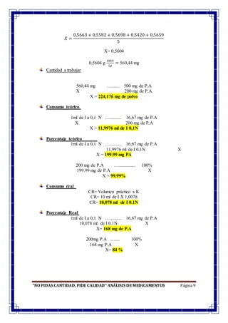 “NO PIDAS CANTIDAD, PIDE CALIDAD” ANÁLISIS DE MEDICAMENTOS Página 9
𝑋 =
0,5663 + 0,5582 + 0,5698 + 0,5420 + 0,5659
5
X= 0,5604
0,5604 g
1000
1𝑔
= 560,44 mg
Cantidad a trabajar
560,44 mg …....... 500 mg de P.A
X 200 mg de P.A
X = 224,176 mg de polvo
Consumo teórico
1ml de I a 0,1 N ….......... 16,67 mg de P.A
X 200 mg de P.A
X = 11,9976 ml de I 0,1N
Porcentaje teórico
1ml de I a 0,1 N ….......... 16,67 mg de P.A
11,9976 ml de I 0,1N X
X = 199.99 mg PA
200 mg de P.A …............... 100%
199.99 mg de P.A X
X = 99.99%
Consumo real
CR= Volumen práctico x K
CR= 10 ml de I X 1,0078
CR= 10,078 ml de I 0.1N
Porcentaje Real
1ml de I a 0,1 N ….......... 16,67 mg de P.A
10,078 ml de I 0.1N X
X= 168 mg de P.A
200mg P.A ….... 100%
168 mg P.A X
X= 84 %
 