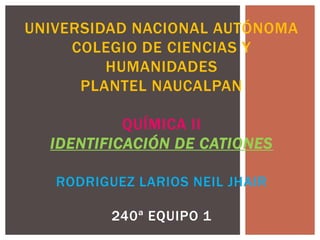 UNIVERSIDAD NACIONAL AUTÓNOMA
     COLEGIO DE CIENCIAS Y
         HUMANIDADES
      PLANTEL NAUCALPAN

           QUÍMICA II
  IDENTIFICACIÓN DE CATIONES

   RODRIGUEZ LARIOS NEIL JHAIR

          240ª EQUIPO 1
 