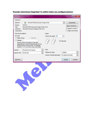 Cuando selecciones Imprimir te saldrá todas sus configuraciones:
 