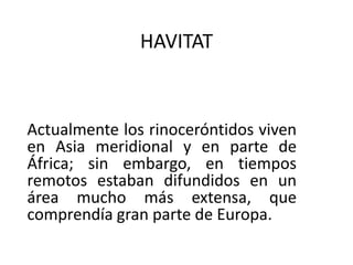 HAVITATActualmente los rinoceróntidos viven en Asia meridional y en parte de África; sin embargo, en tiempos remotos estaban difundidos en un área mucho más extensa, que comprendía gran parte de Europa.