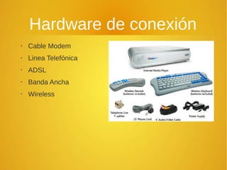 Hardware de conexión
• Cable Modem
• Linea Telefónica
• ADSL
• Banda Ancha
• Wireless
 