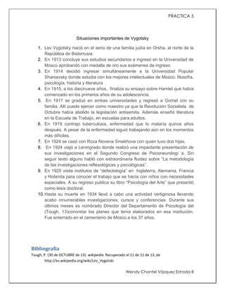PRACTICA 5

Situaciones importantes de Vygotsky
1. Lev Vygotsky nació en el seno de una familia judía en Orsha, al norte de la
República de Bielorrusia.
2. En 1913 concluye sus estudios secundarios e ingresó en la Universidad de
Moscú aprobando con medalla de oro sus exámenes de ingreso.
3. En 1914 decidió ingresar simultáneamente a la Universidad Popular
Shaniavsky donde estudia con los mejores intelectuales de Moscú: filosofía,
psicología, historia y literatura
4. En 1915, a los diecinueve años, finaliza su ensayo sobre Hamlet que había
comenzado en los primeros años de su adolescencia.
5. En 1917 se graduó en ambas universidades y regresó a Gomel con su
familia. Allí puede ejercer como maestro ya que la Revolución Socialista de
Octubre había abolido la legislación antisemita. Además enseñó literatura
en la Escuela de Trabajo, en escuelas para adultos.
6. En 1919 contrajo tuberculosis, enfermedad que lo mataría quince años
después. A pesar de la enfermedad siguió trabajando aún en los momentos
más difíciles.
7. En 1924 se casó con Roza Novena Smekhova con quien tuvo dos hijas.
8. En 1924 viajó a Leningrado donde realizó una impactante presentación de
sus investigaciones en el Segundo Congreso de Psiconeurologí a. Sin
seguir texto alguno habló con extraordinaria fluidez sobre “La metodología
de las investigaciones reflexológicas y psicológicas”.
9. En 1925 visita institutos de “defectología” en Inglaterra, Alemania, Francia
y Holanda para conocer el trabajo que se hacía con niños con necesidades
especiales. A su regreso publica su libro “Psicología del Arte” que presentó
como tesis doctoral.
10. Hasta su muerte en 1934 llevó a cabo una actividad vertiginosa llevando
acabo innumerables investigaciones, cursos y conferencias. Durante sus
últimos meses es nombrado Director del Departamento de Psicología del
(Tough, 13)concretar los planes que tenía elaborados en esa institución.
Fue enterrado en el cementerio de Moscú a los 37 años.

Bibliografía
Tough, P. (30 de OCTUBRE de 13). wikipedia. Recuperado el 11 de 11 de 13, de
http://es.wikipedia.org/wiki/Lev_Vygotski
Wendy Chantel Vázquez Estrada 8

 