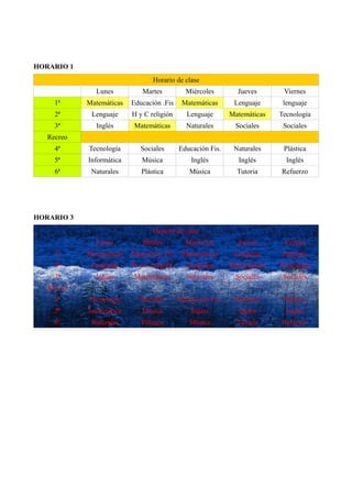 HORARIO 1
Horario de clase
Lunes Martes Miércoles Jueves Viernes
1ª Matemáticas Educación .Fis Matemáticas Lenguaje lengua...