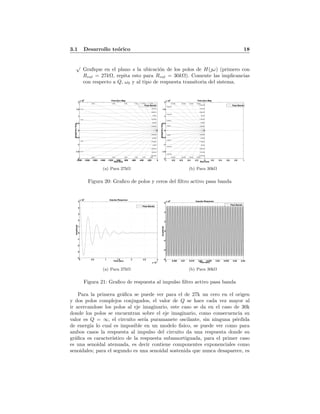 3.1 Desarrollo te´orico 18
√
Graﬁque en el plano s la ubicaci´on de los polos de H(ω) (primero con
Rval = 27kΩ, repita esto para Rval = 30kΩ). Comente las implicancias
con respecto a Q, ω0 y al tipo de respuesta transitoria del sistema.
Pole-Zero Map
Real Axis
ImaginaryAxis
-2000 -1800 -1600 -1400 -1200 -1000 -800 -600 -400 -200 0
-2
-1.5
-1
-0.5
0
0.5
1
1.5
2
x 10
4
0.085
0.13
0.25
2.5e+003
5e+003
7.5e+003
1e+004
1.25e+004
1.5e+004
1.75e+004
2.5e+003
5e+003
7.5e+003
1e+004
1.25e+004
1.5e+004
1.75e+004
0.0080.0180.0280.0420.0580.085
0.13
0.25
0.0080.0180.0280.0420.058
Pasa Banda
(a) Para 27kΩ
Pole-Zero Map
Real AxisImaginaryAxis
-1 -0.8 -0.6 -0.4 -0.2 0 0.2 0.4 0.6 0.8 1
-2
-1.5
-1
-0.5
0
0.5
1
1.5
2
x 10
4
8.5e-005
0.00014
0.0003
1
2.5e+003
5e+003
7.5e+003
1e+004
1.25e+004
1.5e+004
1.75e+004
2.5e+003
5e+003
7.5e+003
1e+004
1.25e+004
1.5e+004
1.75e+004
8e-0061.8e-0052.8e-0054.2e-005
5.8e-005
8.5e-005
0.00014
0.0003
1
8e-0061.8e-0052.8e-0054.2e-005
5.8e-005
Pasa Banda
(b) Para 30kΩ
Figura 20: Graﬁco de polos y ceros del ﬁltro activo pasa banda
Impulse Response
Time (sec)
Amplitude
0 0.5 1 1.5 2 2.5 3
x 10
-3
-4
-3
-2
-1
0
1
2
3
4
5
x 10
4
Pasa Banda
(a) Para 27kΩ
Impulse Response
Time (sec)
Amplitude
0 0.005 0.01 0.015 0.02 0.025 0.03 0.035 0.04 0.04
-6
-4
-2
0
2
4
6
x 10
4
Pasa Banda
(b) Para 30kΩ
Figura 21: Graﬁco de respuesta al impulso ﬁltro activo pasa banda
Para la primera gr´aﬁca se puede ver para el de 27k un cero en el origen
y dos polos complejos conjugados, el valor de Q se hace cada vez mayor al
ir acercandose los polos al eje imaginario, este caso se da en el caso de 30k
donde los polos se encuentran sobre el eje imaginario, como consecuencia su
valor es Q = ∞, el circuito ser´ıa puramanete oscilante, sin ninguna p´erdida
de energ´ıa lo cual es imposible en un modelo ﬁsico, se puede ver como para
ambos casos la respuesta al impulso del circuito da una respuesta donde su
gr´aﬁca es caracter´ıstico de la respuesta subamortiguada, para el primer caso
es una senoidal atenuada, es decir contiene componentes exponenciales como
senoidales; para el segundo es una senoidal sostenida que nunca desaparece, es
 