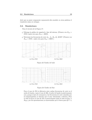 3.2 Simulaciones 19
decir que no posee componente exponencial s´olo senoidal, en otras palabras el
transitorio nunca se extingue.
3.2. Simulaciones
Para el circuito de la Figura 17:
√
Obtenga la gr´aﬁca de magnitud y fase del sistema. (Primero con Rval =
27kΩ, repita esto para Rval = 30kΩ).
√
Determine las frecuencias de corte fH , fL, Bw, Q, AOBP. (Primero con
Rval = 27kΩ , repita esto para Rval = 30kΩ ).
Date/Time run: 06/03/11 06:32:55
** circuit file for profile: asdaf
Temperature: 27.0
Date: June 03, 2011 Page 1 Time: 06:36:45
(A) pasa bajas-SCHEMATIC1-asdaf (active)
Frequency
10Hz 30Hz 100Hz 300Hz 1.0KHz 3.0KHz 10KHz
VDB(VOBP)
-50
0
50
H0bp
fH
fL
(3.2809K,18.825
(2.6660K,18.825)
(2.9580K,21.802)
(a) Para 27kΩ
Date/Time run: 06/03/11 06:41:53
** circuit file for profile: asdaf
Temperature: 27.0
Date: June 03, 2011 Page 1 Time: 06:42:44
(A) pasa bajas-SCHEMATIC1-asdaf (active)
Frequency
10Hz 30Hz 100Hz 300Hz 1.0KHz 3.0KHz 10KHz
VDB(VOBP)
-50
0
50
100
(2.9512K,71.379)
(b) Para 30kΩ
Figura 22: Graﬁco de bode
Date/Time run: 06/03/11 06:38:27
** circuit file for profile: asdaf
Temperature: 27.0
Date: June 03, 2011 Page 1 Time: 06:39:36
(A) pasa bajas-SCHEMATIC1-asdaf (active)
Frequency
10Hz 30Hz 100Hz 300Hz 1.0KHz 3.0KHz 10KHz
VP(VOBP)
-100d
-50d
0d
50d
100d
(2.9427K,2.1187)
(a) Para 27kΩ
Date/Time run: 05/26/11 12:28:19
** circuit file for profile: asdaf
Temperature: 27.0
Date: May 26, 2011 Page 1 Time: 12:29:13
(A) pasa bajas-SCHEMATIC1-asdaf (active)
Frequency
1.0Hz 10Hz 100Hz 1.0KHz 10KHz 100KHz
VP(VOBP)
-120d
-80d
-40d
-0d
40d
80d
120d
(2.9495K,13.787)
(b) Para 30kΩ
Figura 23: Graﬁco de Fase
Para el caso de 27k la diferencia entre ambas frecuencias de corte es el
ancho de banda, y para el caso de 30k, el ancho de banda es pr´acticamante
cero, porque el pico de resonancia y las frecuencias de corte coinciden por
el comportamiento ya descrito que es muy sintonizado o selectivo. Para
el valor de Q en el caso de 27k es practicamante igual al valor de QdB ≈
H0BP , por las aproximaciones ya mencionadas que se hacen para Qs > 5,
 