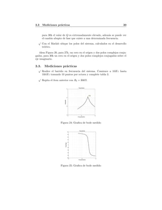 3.3 Mediciones pr´acticas 20
para 30k el valor de Q es extremadamente elevado, adem´as se puede ver
el cambio abupto de fase que existe a una determinada frecuencia.
√
Con el Matlab ubique los polos del sistema, calculados en el desarrollo
te´orico.
´ıdem Figura 20, para 27k, un cero en el origen y dos polos complejos conju-
gados, para 30k un cero en el origen y dos polos complejos conjugados sobre el
eje imaginario.
3.3. Mediciones pr´acticas
√
Realice el barrido en frecuencia del sistema. Comience a 10Hz hasta
10kHz tomando 10 puntos por octava y complete tabla 3.
√
Repita el ´ıtem anterior con Rb = 30kΩ.
10
2
10
3
10
4
10
−1
10
0
10
1
10
2
X: 2960
Y: 12.26
Frecuencia(Hz)
Bode(dB)
Pasa Banda
Figura 24: Graﬁca de bode medido
10
2
10
3
10
4
−100
−80
−60
−40
−20
0
20
40
60
80
100
Frecuencia(Hz)
Fase(deg)
Pasa Banda
Figura 25: Graﬁca de bode medido
 