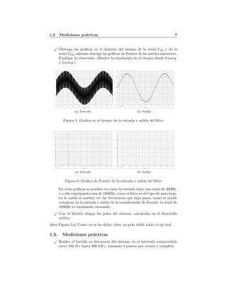 1.3 Mediciones pr´acticas 7
√
Obtenga las gr´aﬁcas en el dominio del tiempo de la se˜nal Vilp y de la
se˜nal Volp; adem´as obtenga las gr´aﬁcas de Fourier de las se˜nales anteriores.
Explique lo observado. (Realice la simulaci´on en el tiempo desde 0 mseg.
a 5 mseg.)
Date/Time run: 05/25/11 19:13:30
** circuit file for profile: pasabaja
Temperature: 27.0
Date: May 25, 2011 Page 1 Time: 19:14:41
(A) pasa bajas-SCHEMATIC1-pasabaja (active)
Time
0s 0.5ms 1.0ms 1.5ms 2.0ms 2.5ms 3.0ms 3.5ms 4.0ms 4.5ms 5.0ms
V(R3:1)
-2.0V
-1.0V
0V
1.0V
2.0V
(a) Entrada
Date/Time run: 05/25/11 19:17:11
** circuit file for profile: pasabaja
Temperature: 27.0
Date: May 25, 2011 Page 1 Time: 19:17:54
(A) pasa bajas-SCHEMATIC1-pasabaja (active)
Time
0s 0.5ms 1.0ms 1.5ms 2.0ms 2.5ms 3.0ms 3.5ms 4.0ms 4.5ms 5.0ms
V(VOBP)
-1.2V
-0.8V
-0.4V
0V
0.4V
0.8V
1.2V
(b) Salida
Figura 5: Graﬁca en el tiempo de la entrada y salida del ﬁltro
Date/Time run: 05/25/11 19:13:30
** circuit file for profile: pasabaja
Temperature: 27.0
Date: May 25, 2011 Page 1 Time: 19:15:53
(A) pasa bajas-SCHEMATIC1-pasabaja (active)
Frequency
0Hz 50KHz 100KHz 150KHz 200KHz 250KHz 300KHz 350KHz 400KHz 450KHz
V(R3:1)
0V
0.2V
0.4V
0.6V
0.8V
1.0V
(a) Entrada
Date/Time run: 05/25/11 19:17:11
** circuit file for profile: pasabaja
Temperature: 27.0
Date: May 25, 2011 Page 1 Time: 19:18:28
(A) pasa bajas-SCHEMATIC1-pasabaja (active)
Frequency
0Hz 50KHz 100KHz 150KHz 200KHz 250KHz 300KHz 350KHz 400KHz 450KHz
V(VOBP)
0V
200mV
400mV
600mV
800mV
(b) Salida
Figura 6: Graﬁca de Fourier de la entrada y salida del ﬁltro
En estas gr´aﬁcas se pueden ver como la entrada tiene una se˜nal de 300Hz,
y a ella superpuesta una de 100kHz, como el ﬁltro es del tipo de paso bajo,
en la salida se pueden ver las frecuencias que deja pasar, como se puede
comparar en la entrada y salida de la transformada de Fourier, la se˜nal de
100kHz es totalmente atenuada.
√
Con el Matlab ubique los polos del sistema, calculados en el desarrollo
te´orico.
´ıdem Figura 3.a) Como ya se ha dicho, tiene un polo doble sobre el eje real.
1.3. Mediciones pr´acticas
√
Realice el barrido en frecuencia del sistema, en el intervalo comprendido
entre 100 Hz hasta 200 kHz, tomando 4 puntos por octava y complete
 