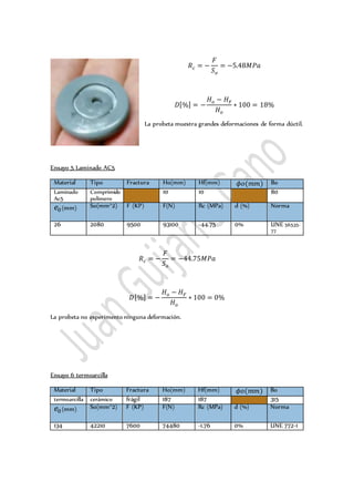 𝑅 𝑐 = −
𝐹
𝑆 𝑜
= −5.48𝑀𝑃𝑎
𝐷[%] = −
𝐻 𝑜 − 𝐻 𝐹
𝐻 𝑜
∗ 100 = 18%
La probeta muestra grandes deformaciones de forma dúctil.
Ensayo 5 Laminado AC5
Material Tipo Fractura Ho(mm) Hf(mm) 𝜙𝑜(𝑚𝑚) Bo
Laminado
Ac5
Comprimido
polimero
10 10 80
𝑒0(mm) So(mm^2) F (KP) F(N) Rc (MPa) d (%) Norma
26 2080 9500 93100 -44.75 0% UNE 56535-
77
𝑅 𝑐 = −
𝐹
𝑆 𝑜
= −44.75𝑀𝑃𝑎
𝐷[%] = −
𝐻 𝑜 − 𝐻 𝐹
𝐻 𝑜
∗ 100 = 0%
La probeta no experimento ninguna deformación.
Ensayo 6 termoarcilla
Material Tipo Fractura Ho(mm) Hf(mm) 𝜙𝑜(𝑚𝑚) Bo
termoarcilla cerámico frágil 187 187 315
𝑒0(mm) So(mm^2) F (KP) F(N) Rc (MPa) d (%) Norma
134 42210 7600 74480 -1.76 0% UNE 772-1
 