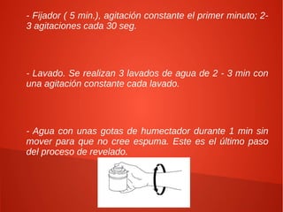 - Fijador ( 5 min.), agitación constante el primer minuto; 2-
3 agitaciones cada 30 seg.




- Lavado. Se realizan 3 lavados de agua de 2 - 3 min con
una agitación constante cada lavado.




- Agua con unas gotas de humectador durante 1 min sin
mover para que no cree espuma. Este es el último paso
del proceso de revelado.
 