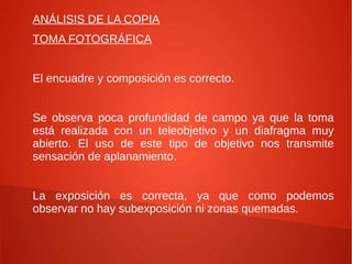 ANÁLISIS DE LA COPIA
TOMA FOTOGRÁFICA


El encuadre y composición es correcto.


Se observa poca profundidad de campo ya que la toma
está realizada con un teleobjetivo y un diafragma muy
abierto. El uso de este tipo de objetivo nos transmite
sensación de aplanamiento.


La exposición es correcta, ya que como podemos
observar no hay subexposición ni zonas quemadas.
 