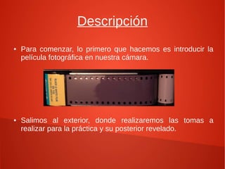 Descripción
●   Para comenzar, lo primero que hacemos es introducir la
    película fotográfica en nuestra cámara.




●   Salimos al exterior, donde realizaremos las tomas a
    realizar para la práctica y su posterior revelado.
 