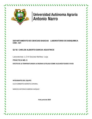 DEPARTAMENTO DE CIENCIAS BASICAS LABORATORIO DE BIOQUIMICA
CSB - 421
Q.F.B: CARLOS ALBERTO GARCIA AGUSTINCE
Laboratorista: L.C.N Graciela Martínez Leija
PRÁCTICA NO. 5
EFECTO DE LA TEMPERATURAEN LA ENZIMA CATALASA SOBRE ALGUNOSTEJIDOS VIVOS
INTEGRANTES DEL EQUIPO
ELIO HUMBERTO BARRETO CAPORAL
MARCOS ANTONIOCABRERA VAZQUEZ
4 de juniode 2019
 