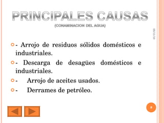 - Arrojo de residuos sólidos domésticos e industriales. - Descarga de desagües domésticos e industriales. - Arrojo de aceites usados. -  Derrames de petróleo. 05/11/10 