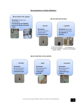 La ciencia es el gran antídoto contra el veneno de la superstición.
6
Reconocimiento en Medios Biológicos
REACCION DE DUMAS
REACCION DE LUSTGARTES
- (FeCl3)
Resultado:
Reacción positiva
característica.
Coloración roja
REACCIÓN CON AgNO3
Resultado: Positivo no
característico
Formación de precipitado,
pero no de llama con borde
verde
- (AgNO3)
Resultado: Reacción
positiva característica.
Precipitado se
disuelve
se forma precipitado
de cloruro de plata, al
agregar AgNO3
con amoniaco se
disuelve el precipitado.
- B-naftol
Resultado:
Reacción positiva
no característica.
Coloración roja
- resorcinol
Resultado:
Reacción positiva
característica.
Coloración roja
violaceo
- timol
Resultado:
Reacción positiva
característica.
Coloración
amarilla
 