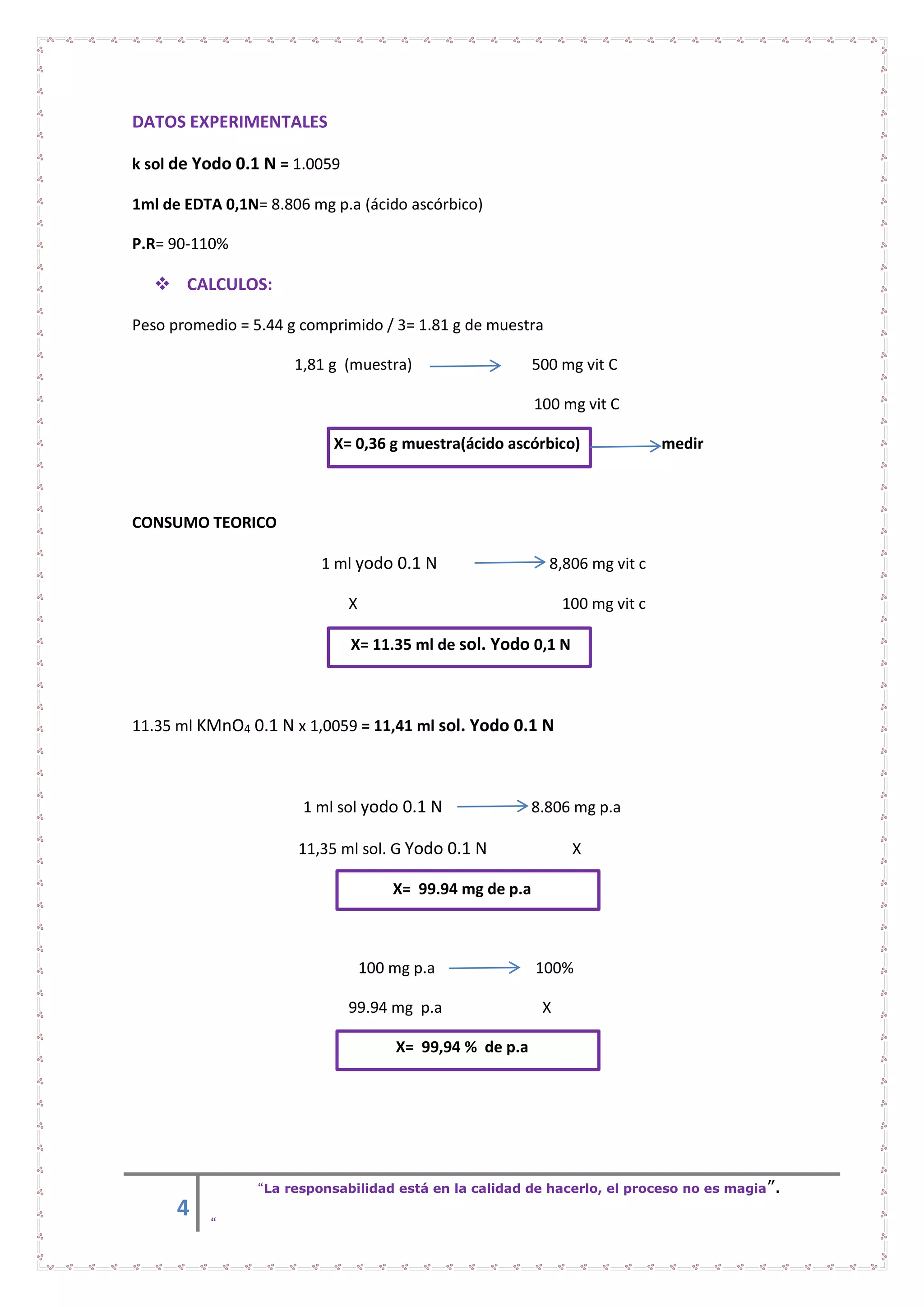 4
“La responsabilidad está en la calidad de hacerlo, el proceso no es magia”.
“
DATOS EXPERIMENTALES
k sol de Yodo 0.1 N = 1.0059
1ml de EDTA 0,1N= 8.806 mg p.a (ácido ascórbico)
P.R= 90-110%
 CALCULOS:
Peso promedio = 5.44 g comprimido / 3= 1.81 g de muestra
1,81 g (muestra) 500 mg vit C
100 mg vit C
X= 0,36 g muestra(ácido ascórbico) medir
CONSUMO TEORICO
1 ml yodo 0.1 N 8,806 mg vit c
X 100 mg vit c
X= 11.35 ml de sol. Yodo 0,1 N
11.35 ml KMnO4 0.1 N x 1,0059 = 11,41 ml sol. Yodo 0.1 N
1 ml sol yodo 0.1 N 8.806 mg p.a
11,35 ml sol. G Yodo 0.1 N X
X= 99.94 mg de p.a
100 mg p.a 100%
99.94 mg p.a X
X= 99,94 % de p.a
 