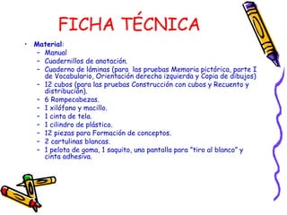 FICHA TÉCNICA
• Material:
– Manual
– Cuadernillos de anotación.
– Cuaderno de láminas (para las pruebas Memoria pictórica, parte I
de Vocabulario, Orientación derecha izquierda y Copia de dibujos)
– 12 cubos (para las pruebas Construcción con cubos y Recuento y
distribución).
– 6 Rompecabezas.
– 1 xilófono y macillo.
– 1 cinta de tela.
– 1 cilindro de plástico.
– 12 piezas para Formación de conceptos.
– 2 cartulinas blancas.
– 1 pelota de goma, 1 saquito, una pantalla para ”tiro al blanco” y
cinta adhesiva.
 