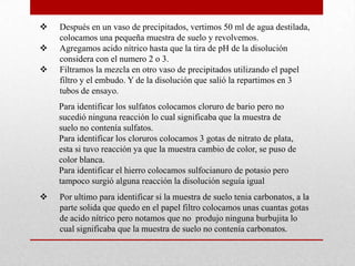  Después en un vaso de precipitados, vertimos 50 ml de agua destilada,
colocamos una pequeña muestra de suelo y revolvemos.
 Agregamos acido nítrico hasta que la tira de pH de la disolución
considera con el numero 2 o 3.
 Filtramos la mezcla en otro vaso de precipitados utilizando el papel
filtro y el embudo. Y de la disolución que salió la repartimos en 3
tubos de ensayo.
Para identificar los sulfatos colocamos cloruro de bario pero no
sucedió ninguna reacción lo cual significaba que la muestra de
suelo no contenía sulfatos.
Para identificar los cloruros colocamos 3 gotas de nitrato de plata,
esta si tuvo reacción ya que la muestra cambio de color, se puso de
color blanca.
Para identificar el hierro colocamos sulfocianuro de potasio pero
tampoco surgió alguna reacción la disolución seguía igual
 Por ultimo para identificar si la muestra de suelo tenia carbonatos, a la
parte solida que quedo en el papel filtro colocamos unas cuantas gotas
de acido nítrico pero notamos que no produjo ninguna burbujita lo
cual significaba que la muestra de suelo no contenía carbonatos.
 