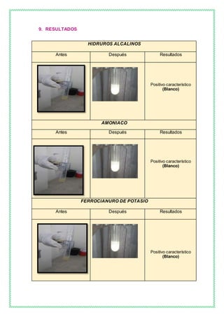 9. RESULTADOS
HIDRUROS ALCALINOS
Antes Después Resultados
Positivo característico
(Blanco)
AMONIACO
Antes Después Resultados
Positivo característico
(Blanco)
FERROCIANURO DE POTASIO
Antes Después Resultados
Positivo característico
(Blanco)
 