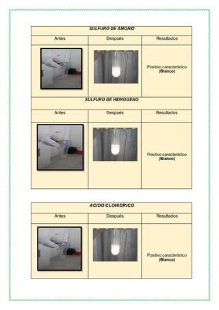 SULFURO DE AMONIO
Antes Después Resultados
Positivo característico
(Blanco)
SULFURO DE HIDROGENO
Antes Después Resultados
Positivo característico
(Blanco)
ACIDO CLOHIDRICO
Antes Después Resultados
Positivo característico
(Blanco)
 