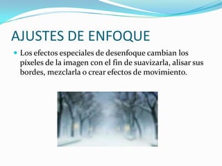 AJUSTES DE ENFOQUELos efectos especiales de desenfoque cambian los píxeles de la imagen con el fin de suavizarla, alisar sus bordes, mezclarla o crear efectos de movimiento. 