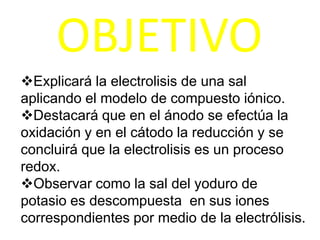 OBJETIVO
Explicará la electrolisis de una sal
aplicando el modelo de compuesto iónico.
Destacará que en el ánodo se efectúa la
oxidación y en el cátodo la reducción y se
concluirá que la electrolisis es un proceso
redox.
Observar como la sal del yoduro de
potasio es descompuesta en sus iones
correspondientes por medio de la electrólisis.
 